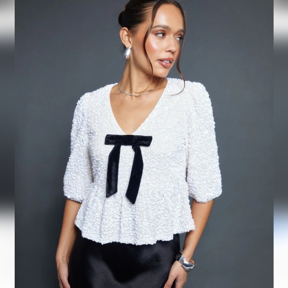 White Sequin Top with Black Ties
